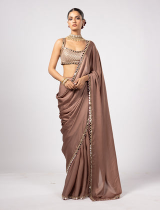 Deep beige satin sari and square neck blouse