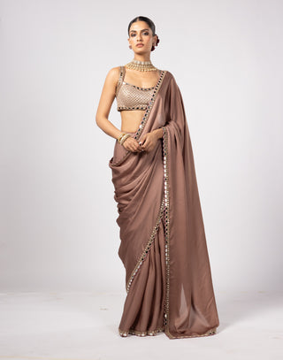 Deep beige satin sari and square neck blouse