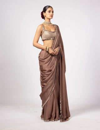 Deep beige satin sari and square neck blouse