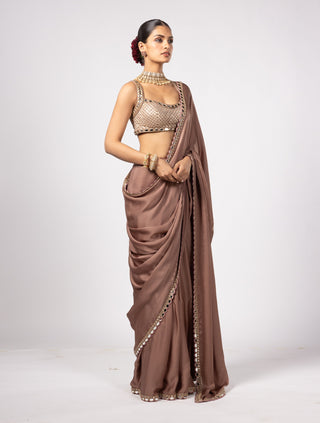 Deep beige satin sari and square neck blouse