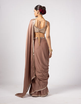 Deep beige satin sari and square neck blouse
