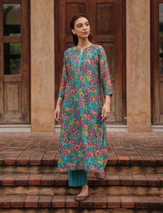 Teal bloom printed kurta set