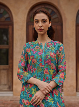 Teal bloom printed kurta set