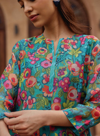 Teal bloom printed kurta set