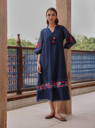 Indigo bloom pintuck dress