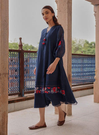 Indigo bloom pintuck dress