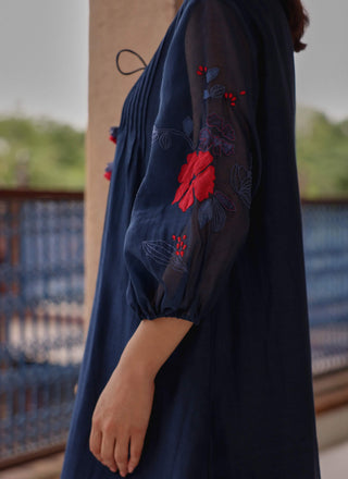 Indigo bloom pintuck dress
