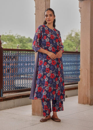 Indigo appliqué bloom tunic dress and pants
