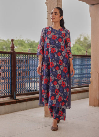 Indigo appliqué bloom tunic dress and pants