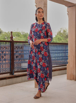 Indigo appliqué bloom tunic dress and pants