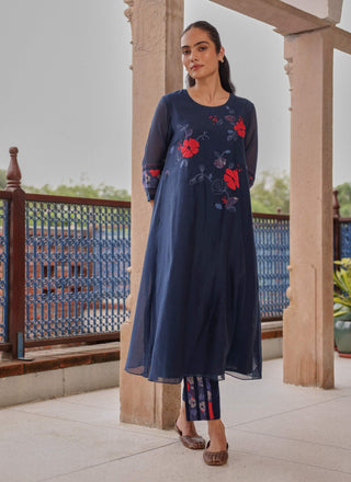 Indigo bloom appliqué tunic and pants
