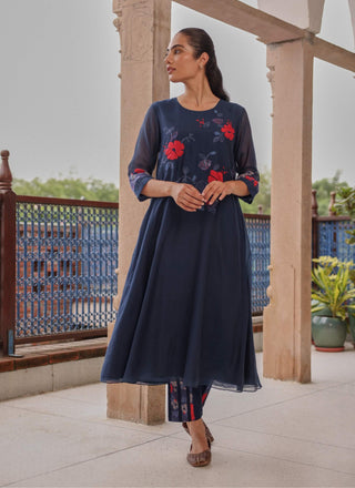 Indigo bloom appliqué tunic and pants