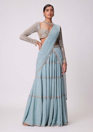Powder blue hand embroidered sari and blouse