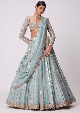Powder Blue Linear Embroidered Lehenga Set by Vvani By Vani Vats available on Indiaspopup.com