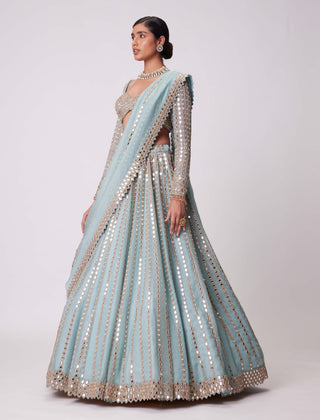 Powder Blue Linear Embroidered Lehenga Set by Vvani By Vani Vats available on Indiaspopup.com