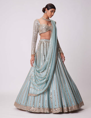 Powder Blue Linear Embroidered Lehenga Set by Vvani By Vani Vats available on Indiaspopup.com