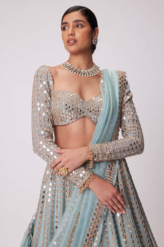 Powder Blue Linear Embroidered Lehenga Set by Vvani By Vani Vats available on Indiaspopup.com