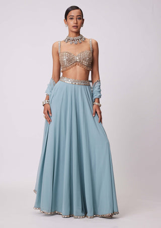 Powder Blue Mirror Embroidered Lehenga Pants Set by Vvani By Vani Vats available on Indiaspopup.com