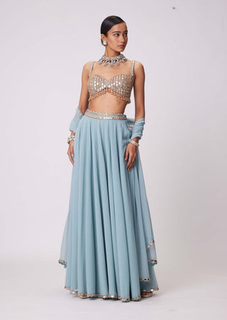 Powder Blue Mirror Embroidered Lehenga Pants Set by Vvani By Vani Vats available on Indiaspopup.com