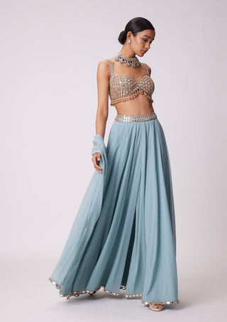 Powder Blue Mirror Embroidered Lehenga Pants Set by Vvani By Vani Vats available on Indiaspopup.com