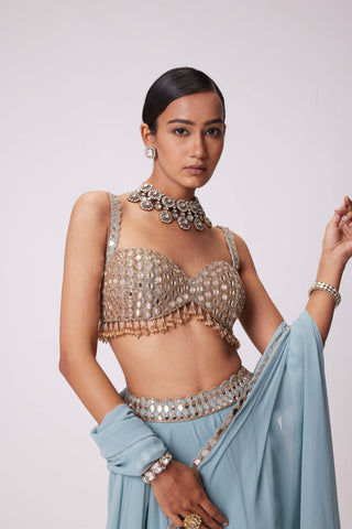 Powder Blue Mirror Embroidered Lehenga Pants Set by Vvani By Vani Vats available on Indiaspopup.com