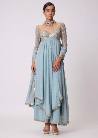 Powder Blue High Low Kurta Set by Vvani By Vani Vats available on Indiaspopup.com