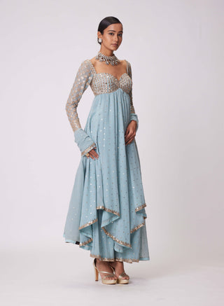 Powder Blue High Low Kurta Set by Vvani By Vani Vats available on Indiaspopup.com