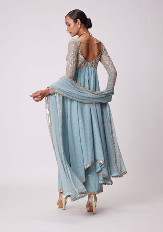 Powder Blue High Low Kurta Set by Vvani By Vani Vats available on Indiaspopup.com
