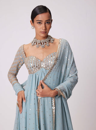 Powder Blue High Low Kurta Set by Vvani By Vani Vats available on Indiaspopup.com