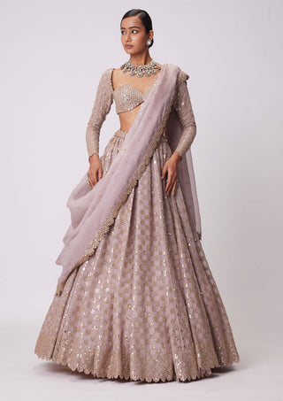 Ash Pink Flower Embroidered Lehenga Set by Vvani By Vani Vats available on Indiaspopup.com