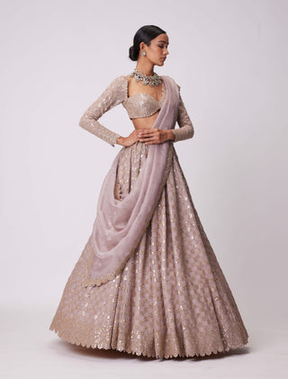 Ash Pink Flower Embroidered Lehenga Set by Vvani By Vani Vats available on Indiaspopup.com