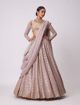 Ash Pink Flower Embroidered Lehenga Set by Vvani By Vani Vats available on Indiaspopup.com