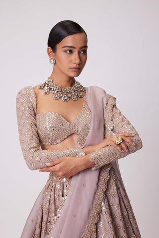 Ash Pink Flower Embroidered Lehenga Set by Vvani By Vani Vats available on Indiaspopup.com