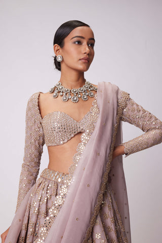 Ash Pink Flower Embroidered Lehenga Set by Vvani By Vani Vats available on Indiaspopup.com