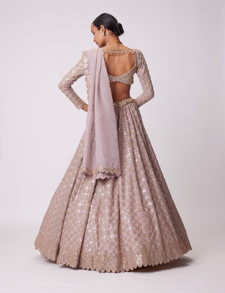 Ash Pink Flower Embroidered Lehenga Set by Vvani By Vani Vats available on Indiaspopup.com