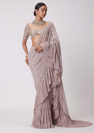 Ash Pink Georgette Frill Sari And Blouse by Vvani By Vani Vats available on Indiaspopup.com
