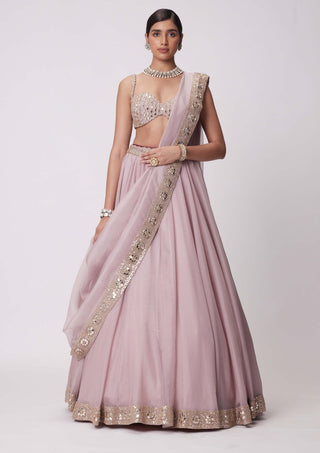 Ash Pink Mirror Hand Embroidered Lehenga Set by Vvani By Vani Vats available on Indiaspopup.com
