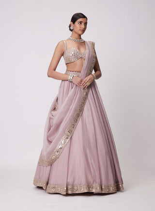 Ash Pink Mirror Hand Embroidered Lehenga Set by Vvani By Vani Vats available on Indiaspopup.com