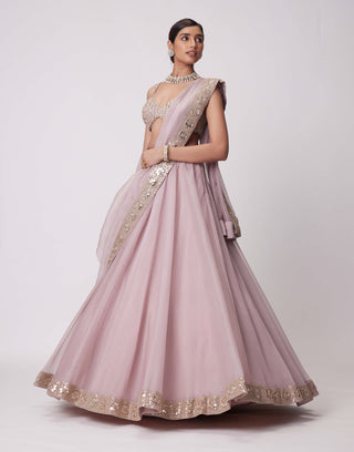 Ash Pink Mirror Hand Embroidered Lehenga Set by Vvani By Vani Vats available on Indiaspopup.com