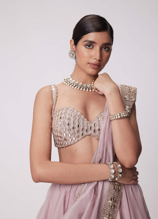 Ash Pink Mirror Hand Embroidered Lehenga Set by Vvani By Vani Vats available on Indiaspopup.com