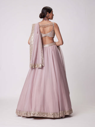 Ash Pink Mirror Hand Embroidered Lehenga Set by Vvani By Vani Vats available on Indiaspopup.com