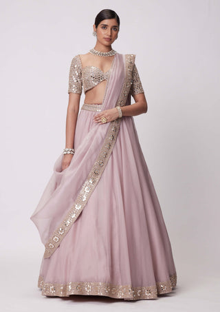 Ash Pink Organza Lehenga Set by Vvani By Vani Vats available on Indiaspopup.com
