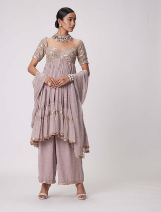 Ash Pink High Low Kurta Set by Vvani By Vani Vats available on Indiaspopup.com
