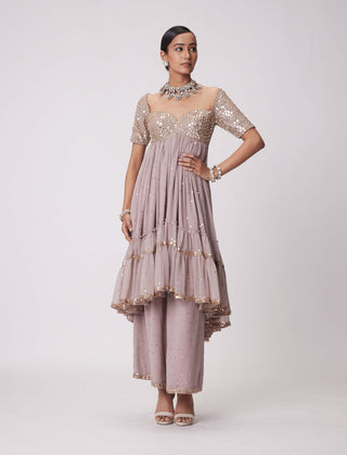 Ash Pink High Low Kurta Set by Vvani By Vani Vats available on Indiaspopup.com