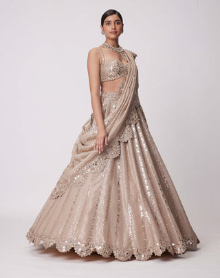 Light Beige Sequin Embroidered Lehenga Set by Vvani By Vani Vats available on Indiaspopup.com