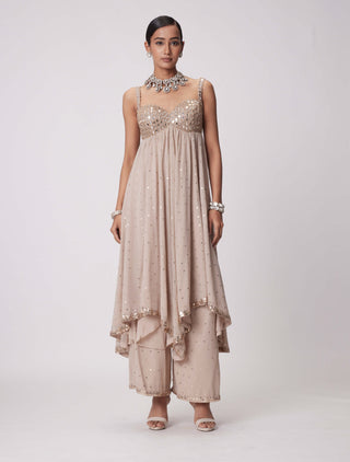 Light Beige High Low Kurta Set by Vvani By Vani Vats available on Indiaspopup.com