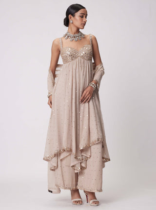 Light Beige High Low Kurta Set by Vvani By Vani Vats available on Indiaspopup.com