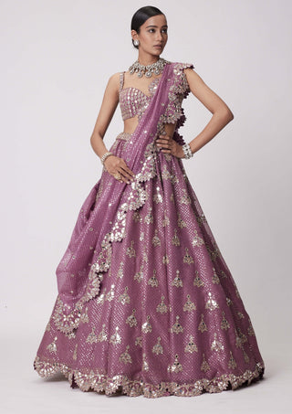 Mud Mauve Sequin Embroidered Lehenga Set by Vvani By Vani Vats available on Indiaspopup.com