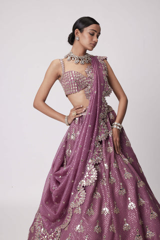 Mud Mauve Sequin Embroidered Lehenga Set by Vvani By Vani Vats available on Indiaspopup.com