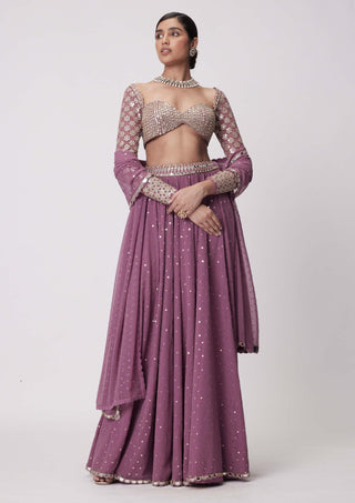 Mud Mauve Mirror Embroidered Lehenga Pants Set by Vvani By Vani Vats available on Indiaspopup.com